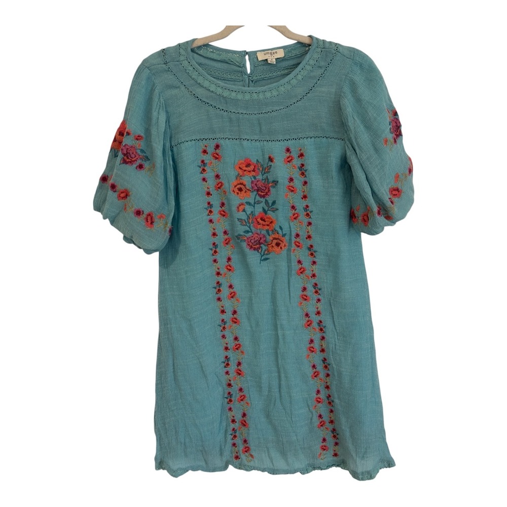 Umgee Teal Blue Floral Embroidered Puff Sleeve Boho Shift Dress A4084 Small